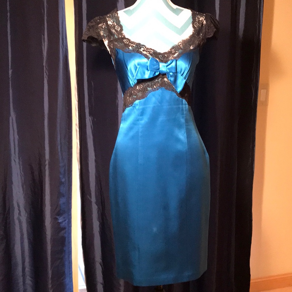 Blue silk dress with black lace